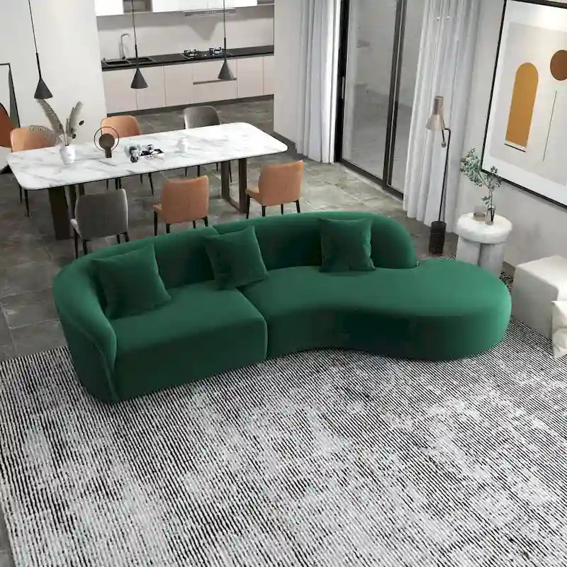 Divano curvo in velluto trapuntato, oro/verde scuro, 2 posti