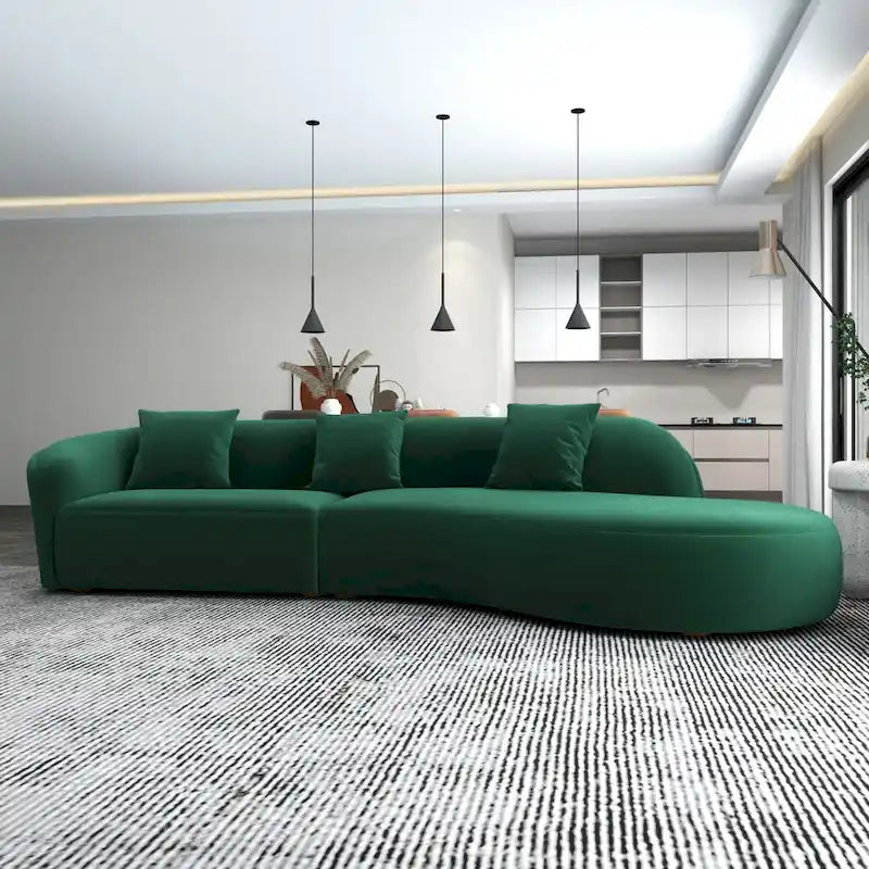 Divano curvo in velluto trapuntato, oro/verde scuro, 2 posti