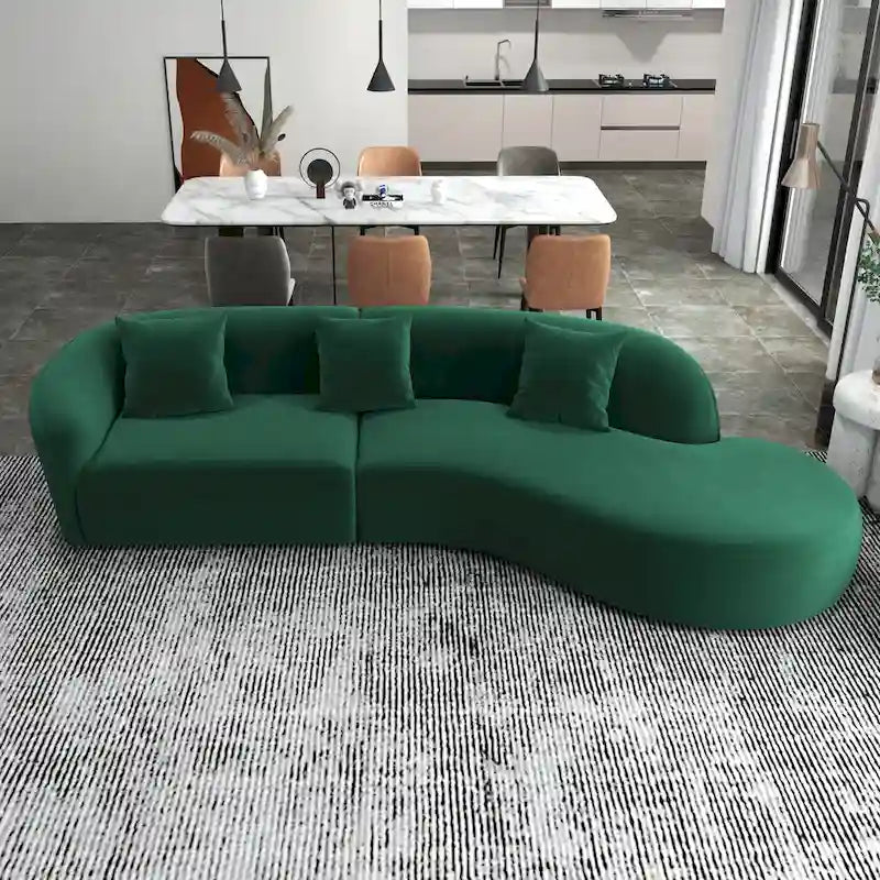 Divano curvo in velluto trapuntato, oro/verde scuro, 2 posti