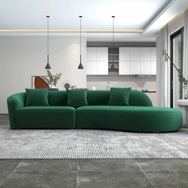 Divano curvo in velluto trapuntato, oro/verde scuro, 2 posti