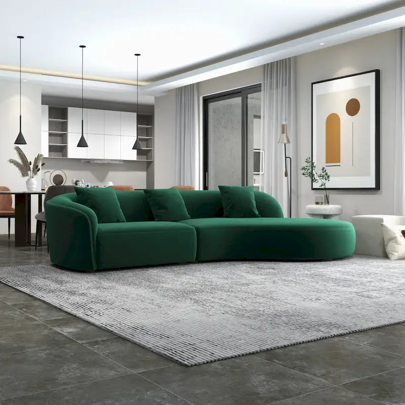 Divano curvo in velluto trapuntato, oro/verde scuro, 2 posti