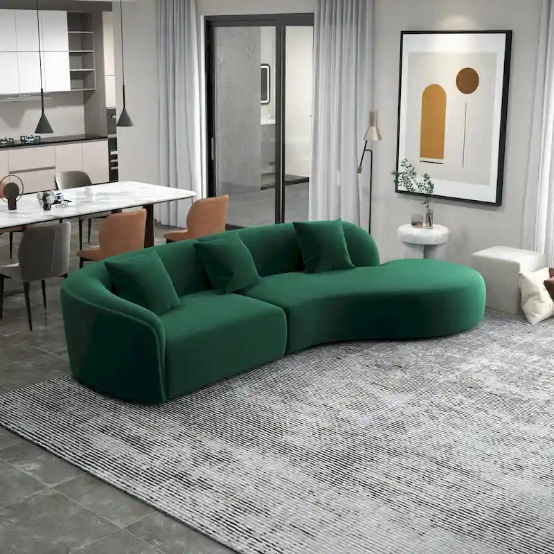 Divano curvo in velluto trapuntato, oro/verde scuro, 2 posti