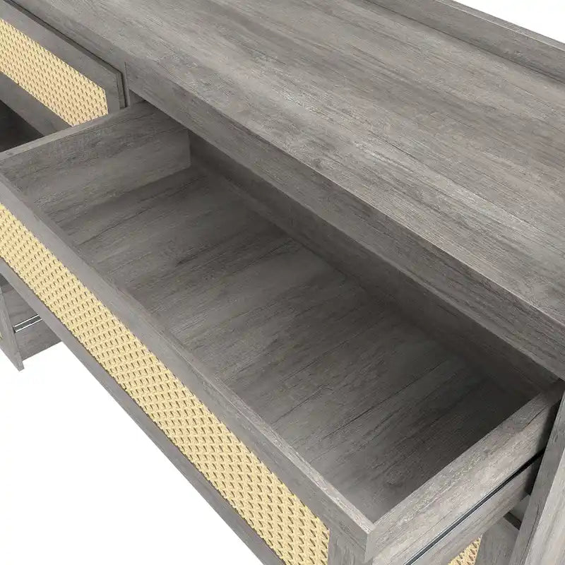 Cassettiera a 6 cassetti in rattan Boho, nero/rovere grigio vintage, larga 63 pollici