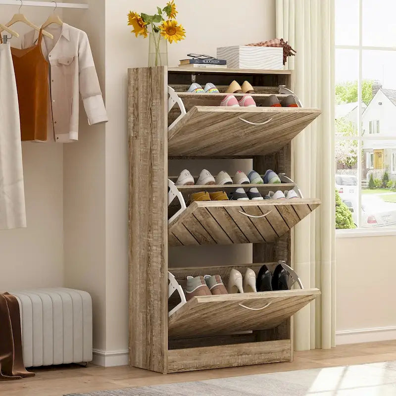 Scarpiera da Terra a 3 Cassetti Grigio/Rovere, Contiene 12-15 Paia