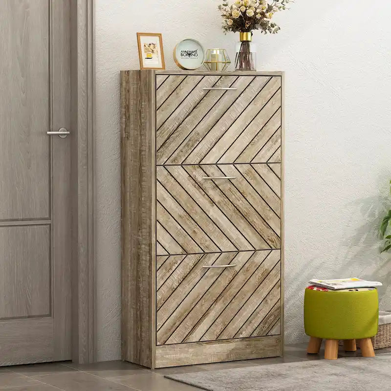 Scarpiera da Terra a 3 Cassetti Grigio/Rovere, Contiene 12-15 Paia