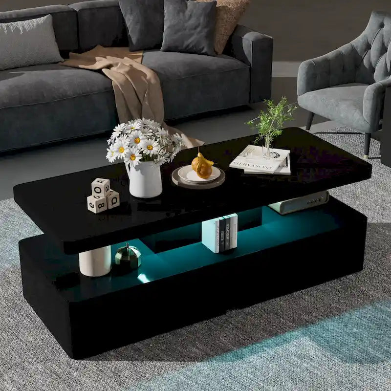 Tavolino da Caffè Doppio Strato Bianco/Nero con Luci LED a 16 Colori e Telecomando, 1 Posto