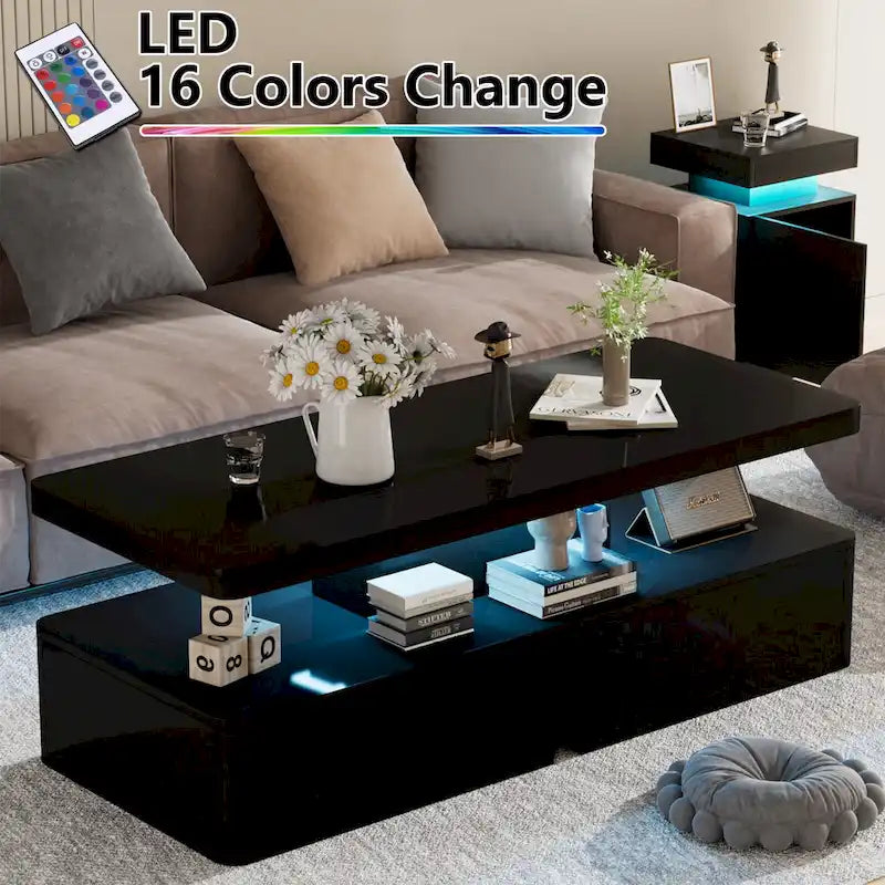 Tavolino da Caffè Doppio Strato Bianco/Nero con Luci LED a 16 Colori e Telecomando, 1 Posto