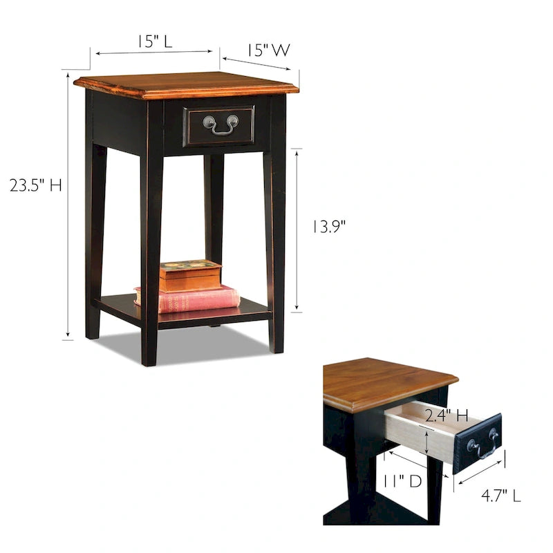 Tavolino quadrato con cassetto e ripiano, Rovere Medio / Bianco / Nero Ardesia