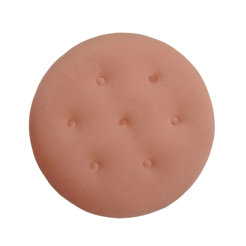 Pouf rotondo d'accento in velluto color pesca, arancione e giallo dorato, trapuntato con frange, monoposto