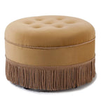 Pouf rotondo d'accento in velluto color pesca, arancione e giallo dorato, trapuntato con frange, monoposto