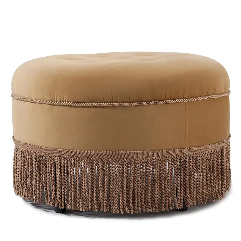 Pouf rotondo d'accento in velluto color pesca, arancione e giallo dorato, trapuntato con frange, monoposto