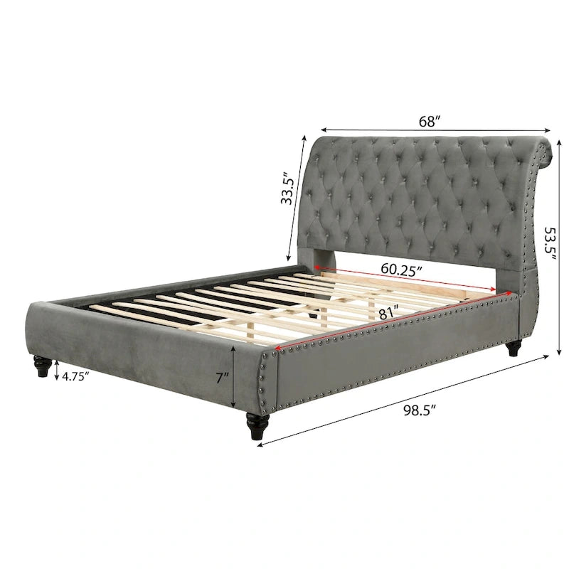 Letto a slitta rivestito in velluto grigio con bottoni e borchie – Queen/King