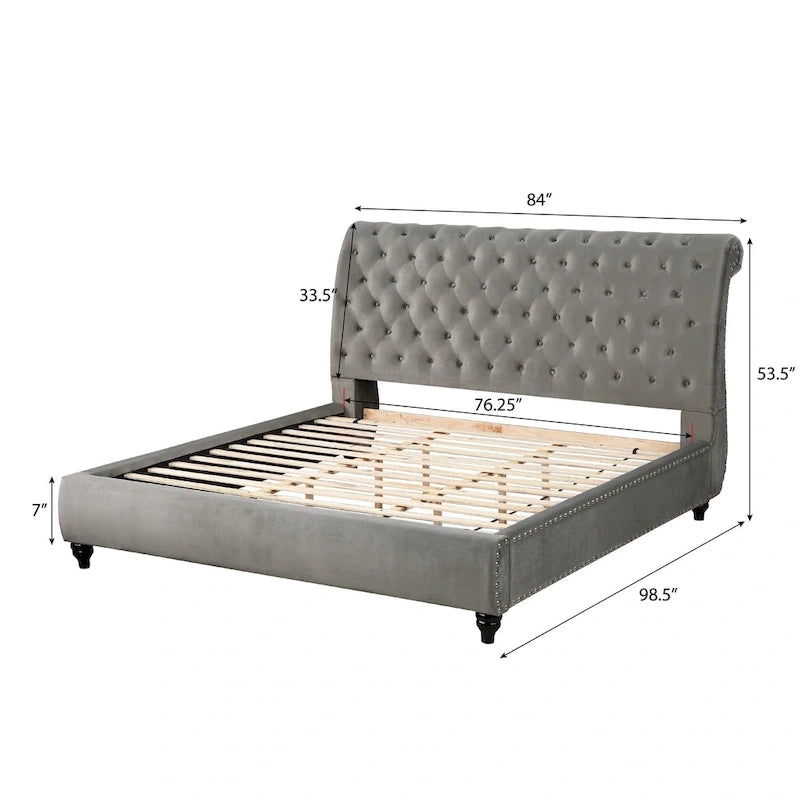 Letto a slitta rivestito in velluto grigio con bottoni e borchie – Queen/King