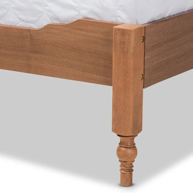Letto a piattaforma singolo in frassino marrone noce con testiera a ripiani e gambe tornite