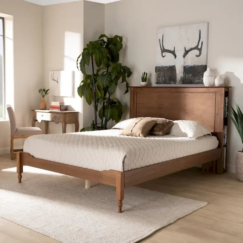 Letto a piattaforma singolo in frassino marrone noce con testiera a ripiani e gambe tornite