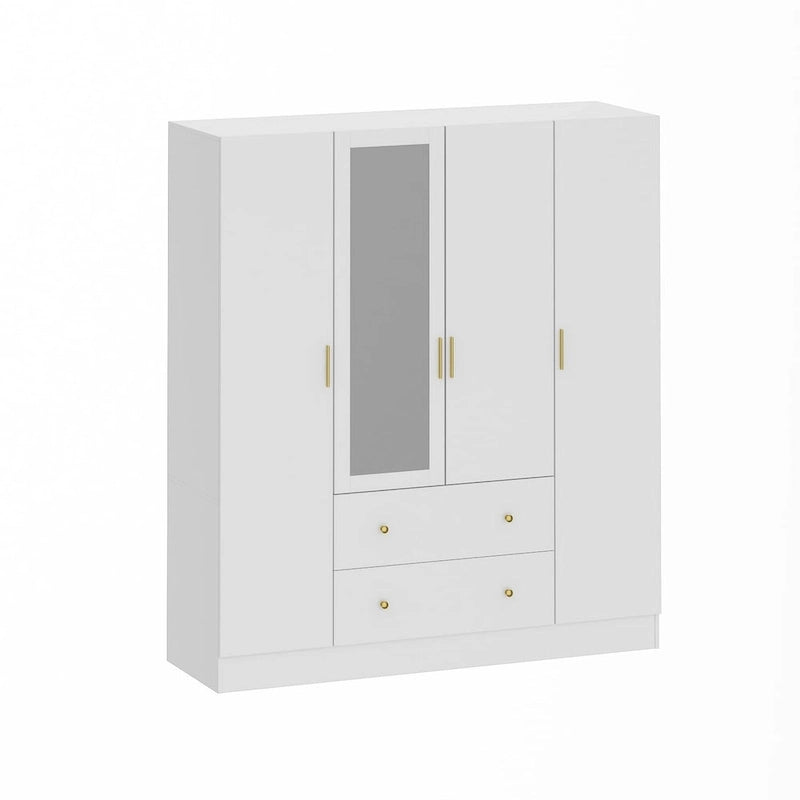 Armadio autoportante bianco/marrone scuro con specchio, 4 ante e 2 cassetti, per 1 persona