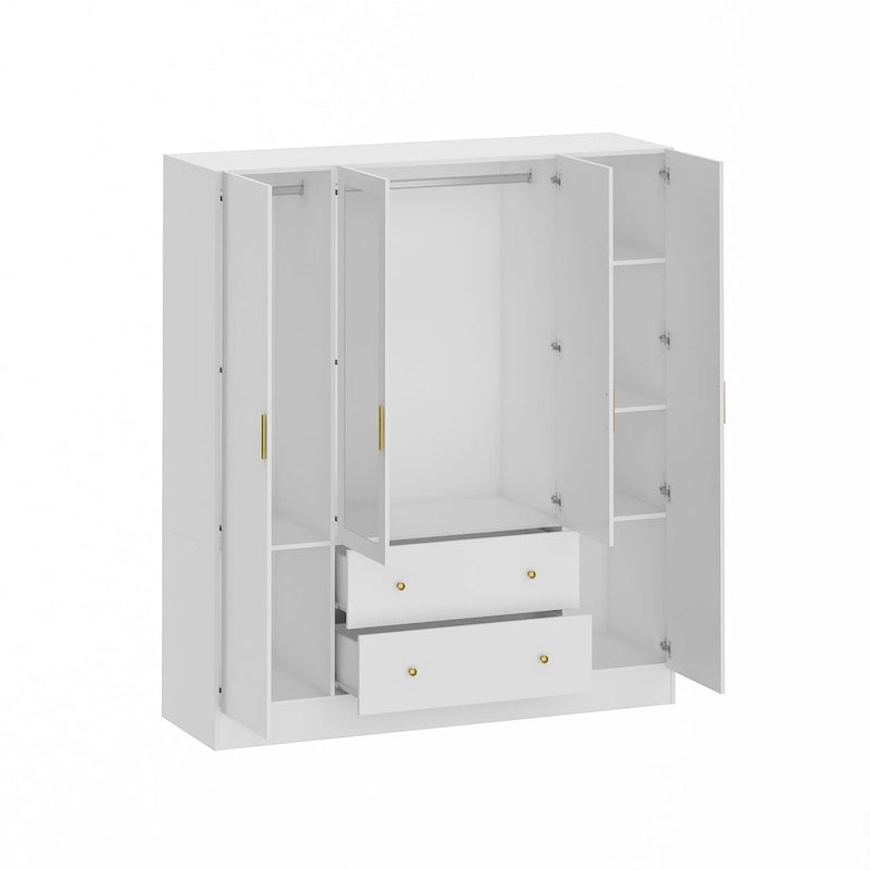 Armadio autoportante bianco/marrone scuro con specchio, 4 ante e 2 cassetti, per 1 persona