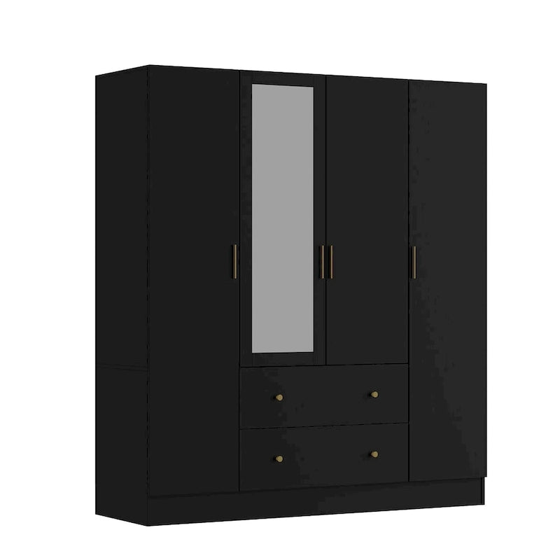Armadio autoportante bianco/marrone scuro con specchio, 4 ante e 2 cassetti, per 1 persona
