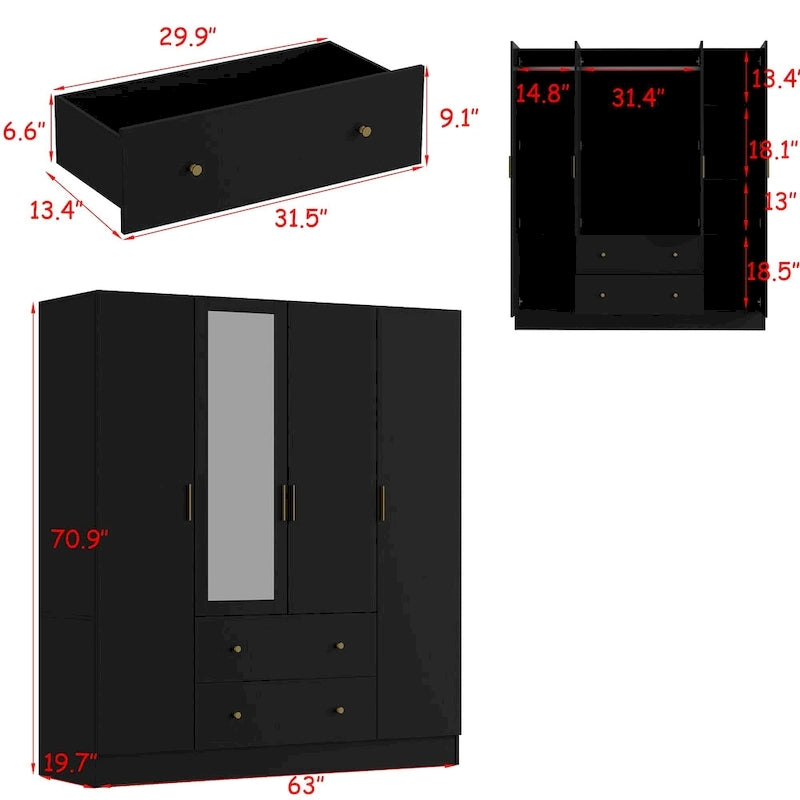 Armadio autoportante bianco/marrone scuro con specchio, 4 ante e 2 cassetti, per 1 persona