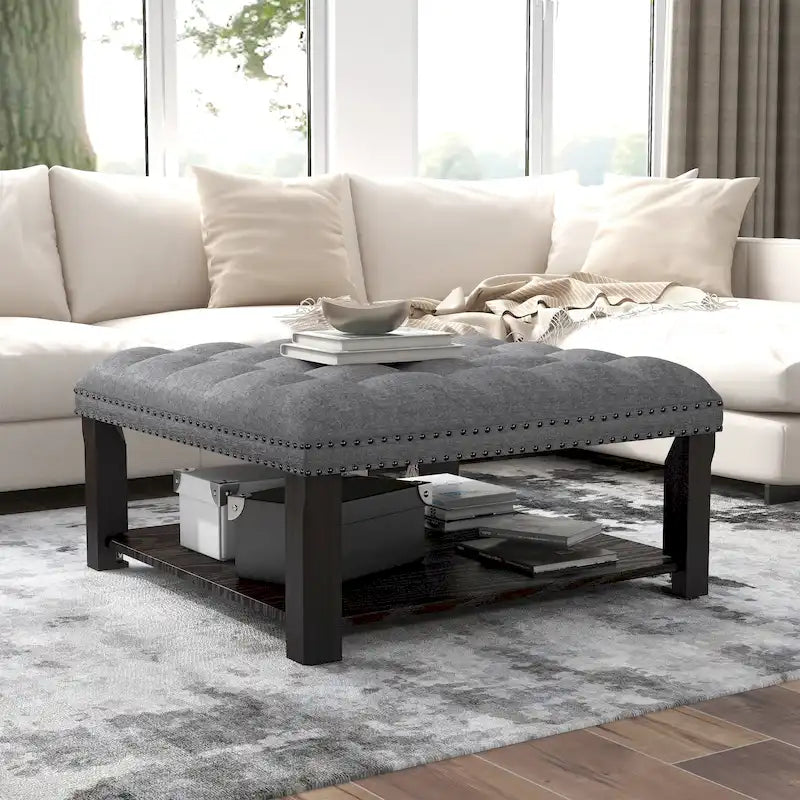 Pouf/Ottoman da Cocktail in Lino con Trapuntatura Grigio/Beige e Contenitore, 2 Colori