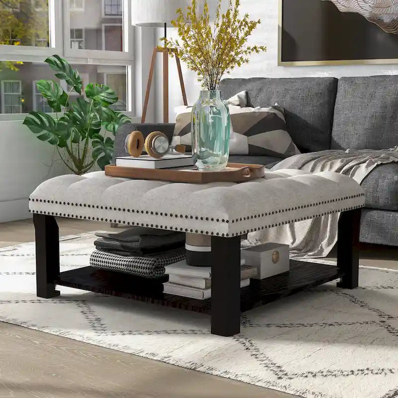 Pouf/Ottoman da Cocktail in Lino con Trapuntatura Grigio/Beige e Contenitore, 2 Colori
