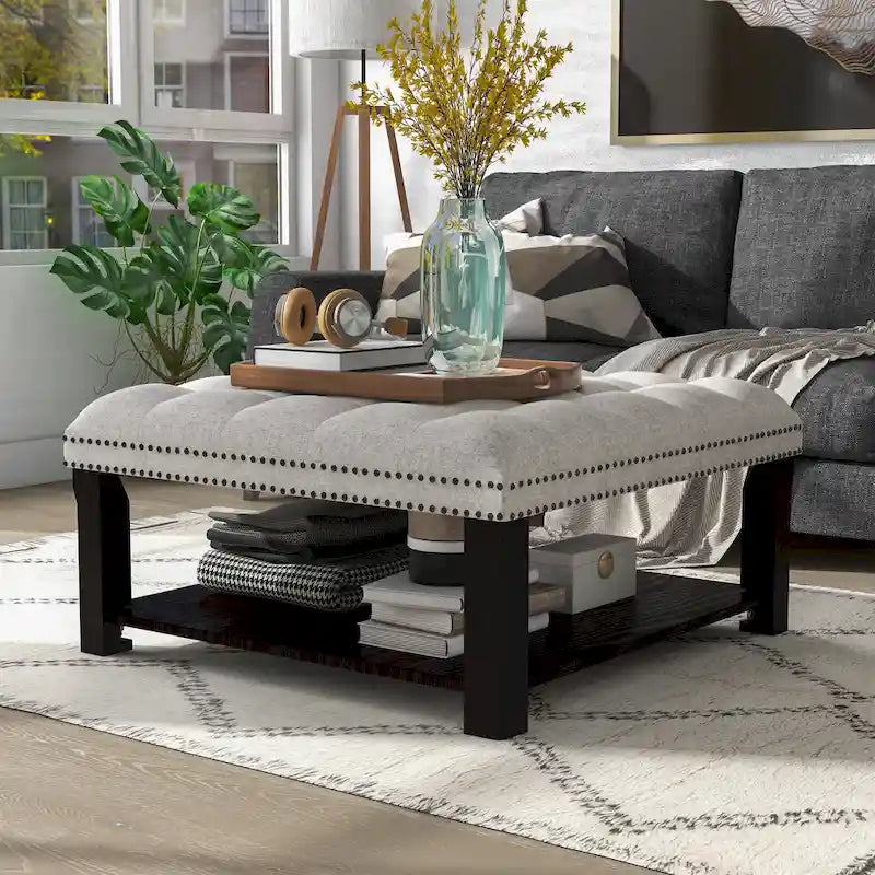 Pouf/Ottoman da Cocktail in Lino con Trapuntatura Grigio/Beige e Contenitore, 2 Colori