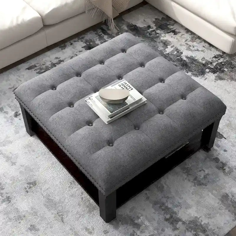 Pouf/Ottoman da Cocktail in Lino con Trapuntatura Grigio/Beige e Contenitore, 2 Colori