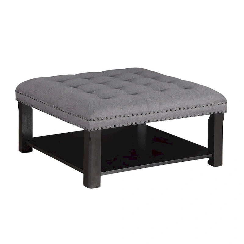 Pouf/Ottoman da Cocktail in Lino con Trapuntatura Grigio/Beige e Contenitore, 2 Colori