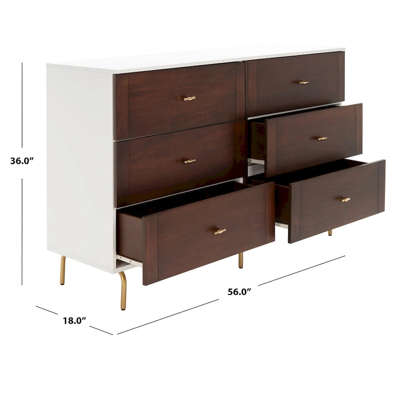 Cassettiera a 6 cassetti Noce/Bianco con gambe dorate, stile Mid-Century, per 1–2 utenti