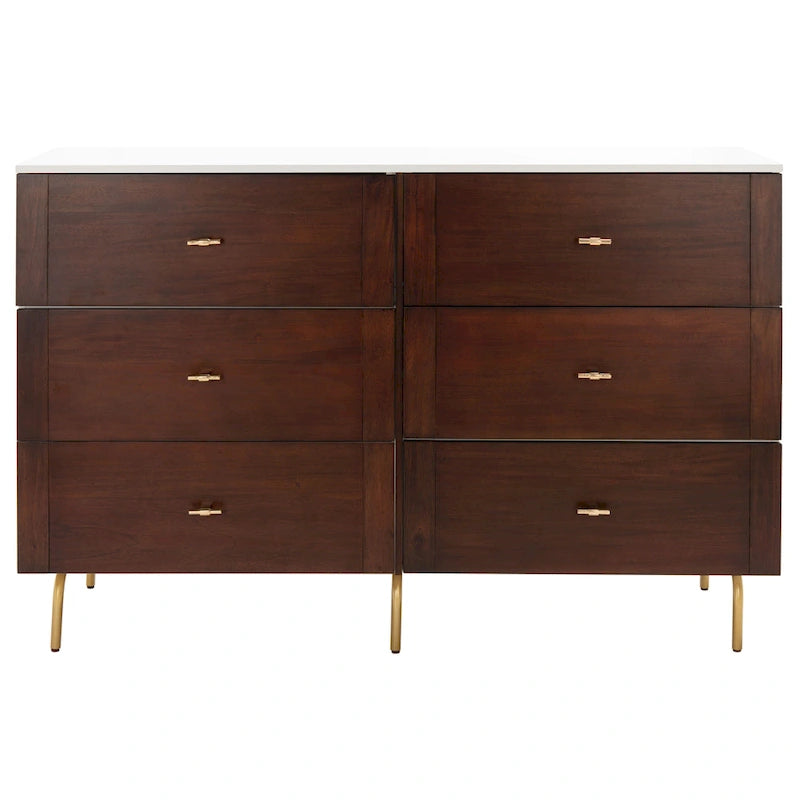 Cassettiera a 6 cassetti Noce/Bianco con gambe dorate, stile Mid-Century, per 1–2 utenti