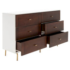 Cassettiera a 6 cassetti Noce/Bianco con gambe dorate, stile Mid-Century, per 1–2 utenti