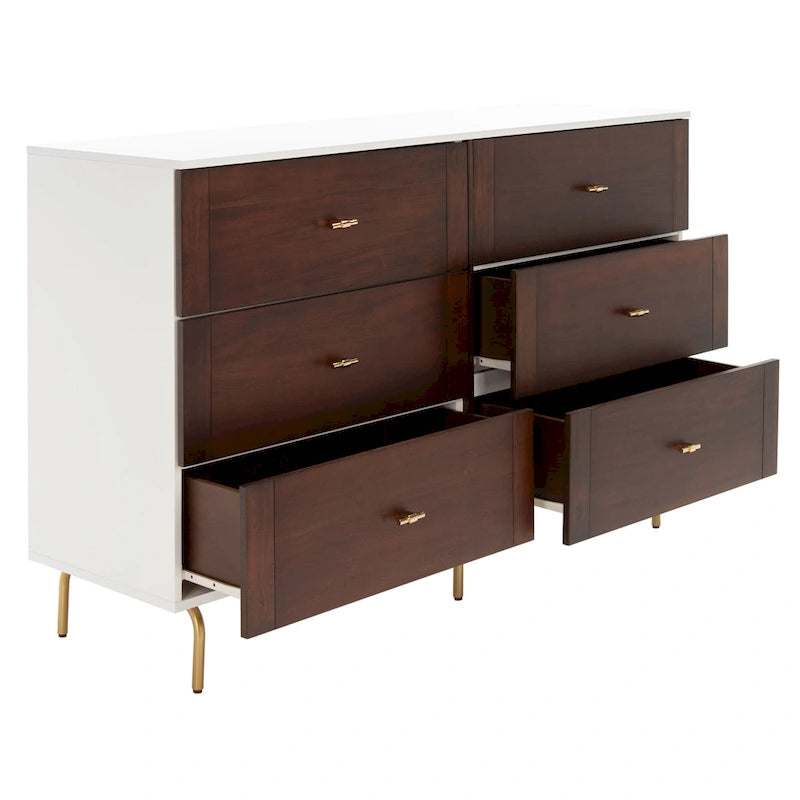 Cassettiera a 6 cassetti Noce/Bianco con gambe dorate, stile Mid-Century, per 1–2 utenti