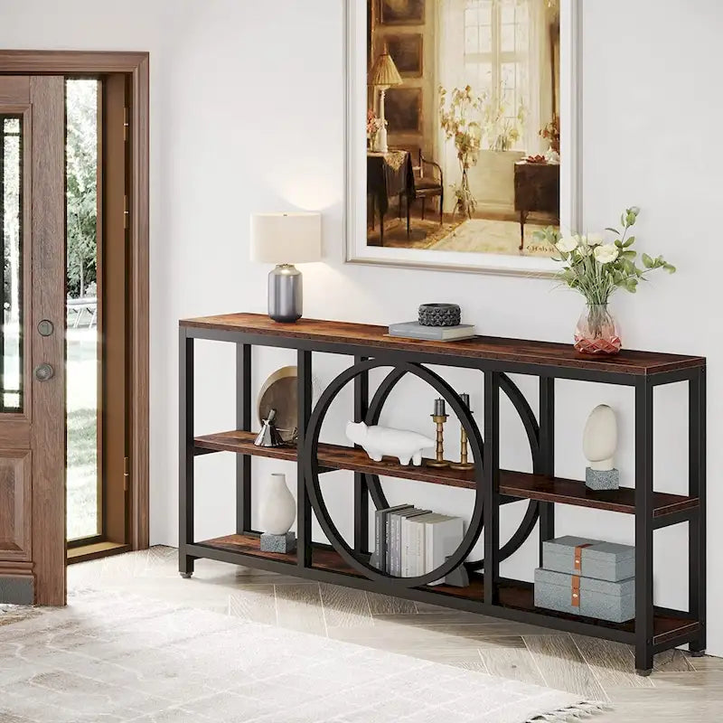 Consolle da Divano da 180 cm con Scaffali a 3 Ripiani – Grigio / Marrone / Noce / Bianco, Stile Industriale