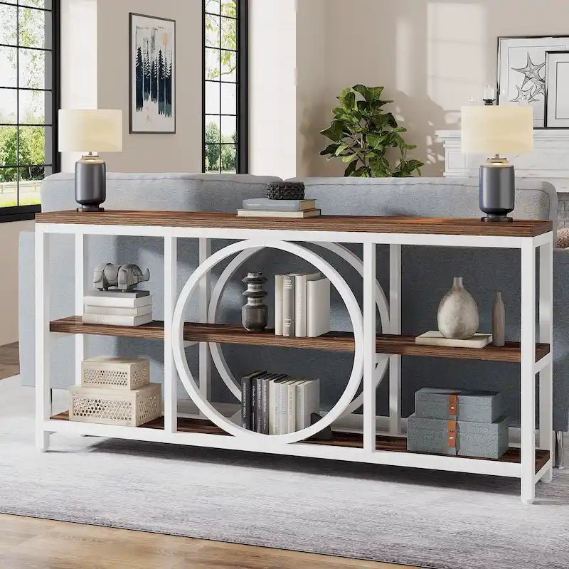 Consolle da Divano da 180 cm con Scaffali a 3 Ripiani – Grigio / Marrone / Noce / Bianco, Stile Industriale