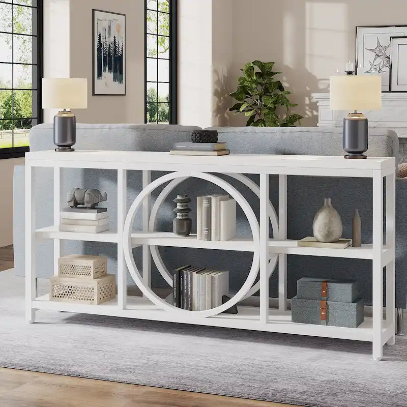Consolle da Divano da 180 cm con Scaffali a 3 Ripiani – Grigio / Marrone / Noce / Bianco, Stile Industriale