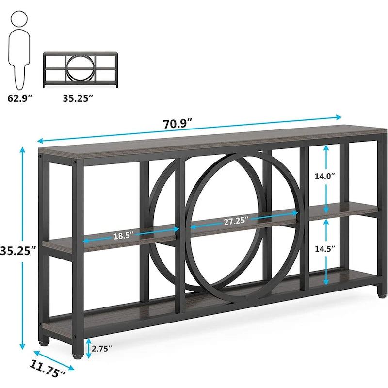 Consolle da Divano da 180 cm con Scaffali a 3 Ripiani – Grigio / Marrone / Noce / Bianco, Stile Industriale