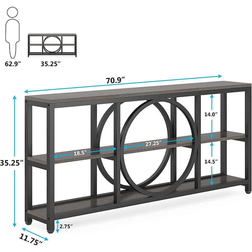 Consolle da Divano da 180 cm con Scaffali a 3 Ripiani – Grigio / Marrone / Noce / Bianco, Stile Industriale