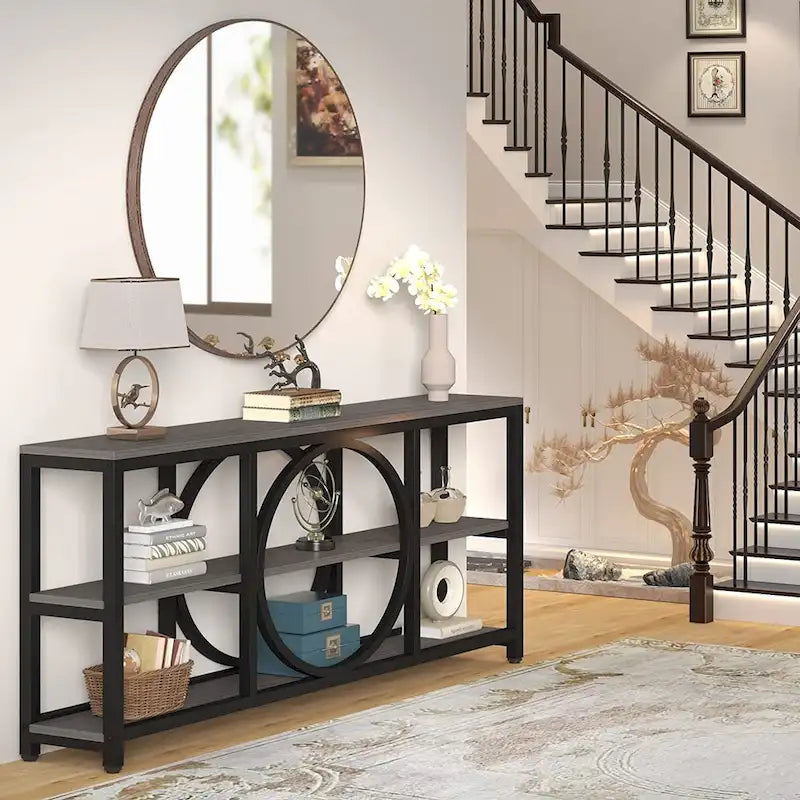 Consolle da Divano da 180 cm con Scaffali a 3 Ripiani – Grigio / Marrone / Noce / Bianco, Stile Industriale
