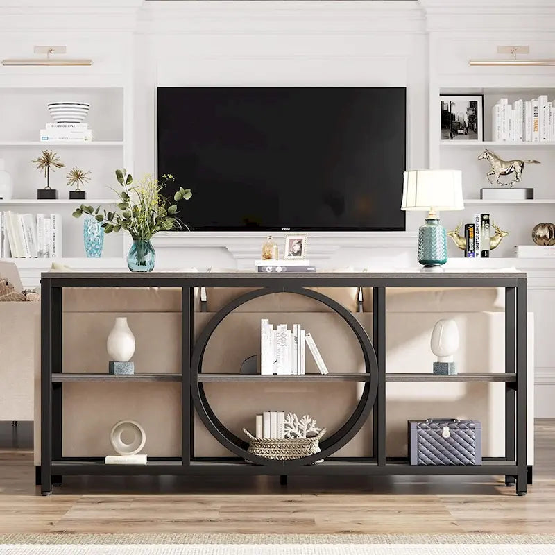 Consolle da Divano da 180 cm con Scaffali a 3 Ripiani – Grigio / Marrone / Noce / Bianco, Stile Industriale