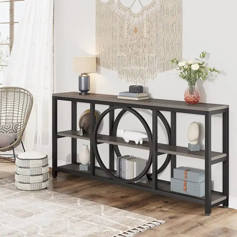 Consolle da Divano da 180 cm con Scaffali a 3 Ripiani – Grigio / Marrone / Noce / Bianco, Stile Industriale