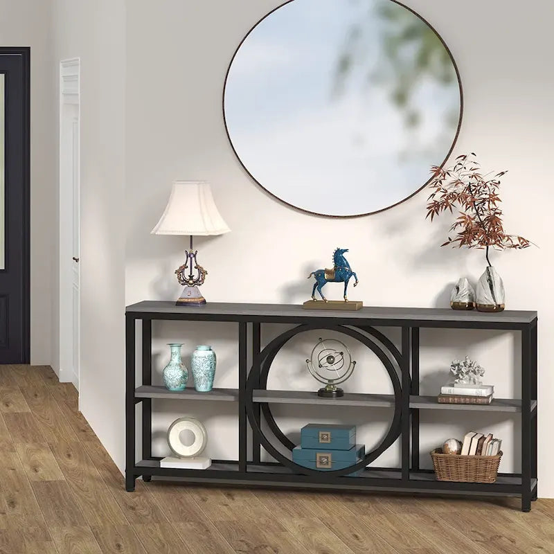 Consolle da Divano da 180 cm con Scaffali a 3 Ripiani – Grigio / Marrone / Noce / Bianco, Stile Industriale