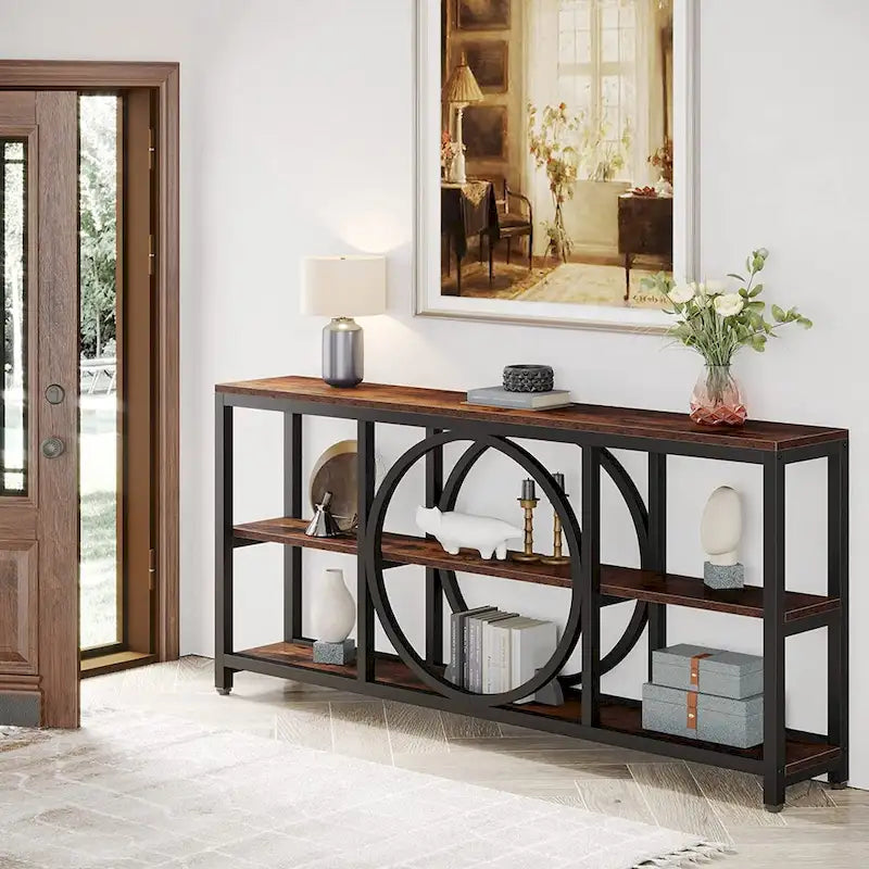Consolle da Divano da 180 cm con Scaffali a 3 Ripiani – Grigio / Marrone / Noce / Bianco, Stile Industriale