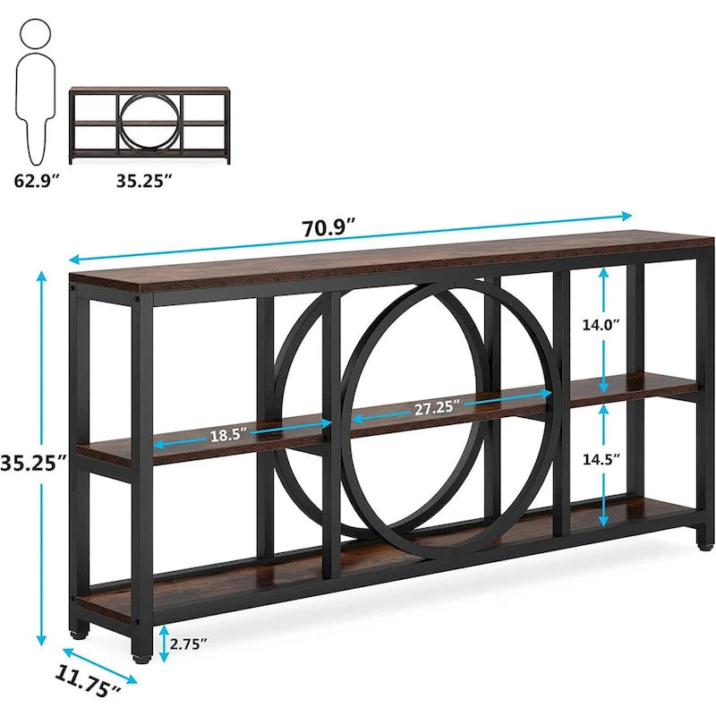 Consolle da Divano da 180 cm con Scaffali a 3 Ripiani – Grigio / Marrone / Noce / Bianco, Stile Industriale