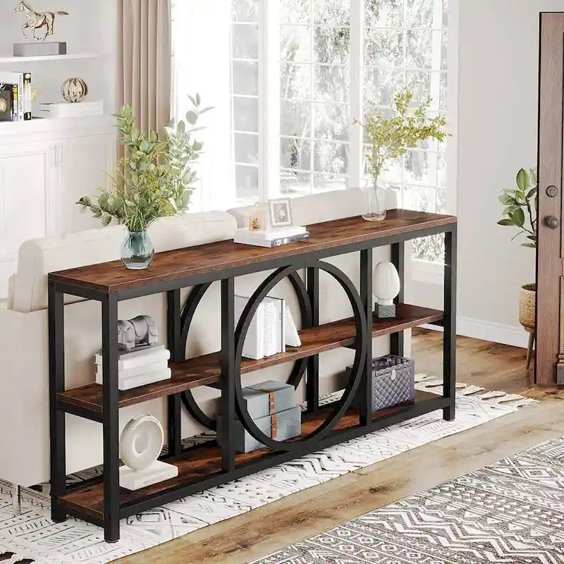 Consolle da Divano da 180 cm con Scaffali a 3 Ripiani – Grigio / Marrone / Noce / Bianco, Stile Industriale