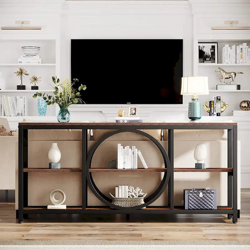 Consolle da Divano da 180 cm con Scaffali a 3 Ripiani – Grigio / Marrone / Noce / Bianco, Stile Industriale