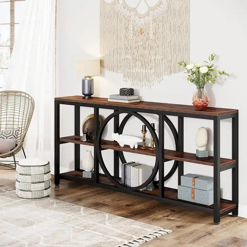 Consolle da Divano da 180 cm con Scaffali a 3 Ripiani – Grigio / Marrone / Noce / Bianco, Stile Industriale