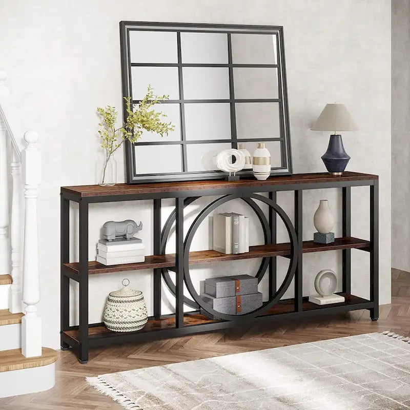 Consolle da Divano da 180 cm con Scaffali a 3 Ripiani – Grigio / Marrone / Noce / Bianco, Stile Industriale