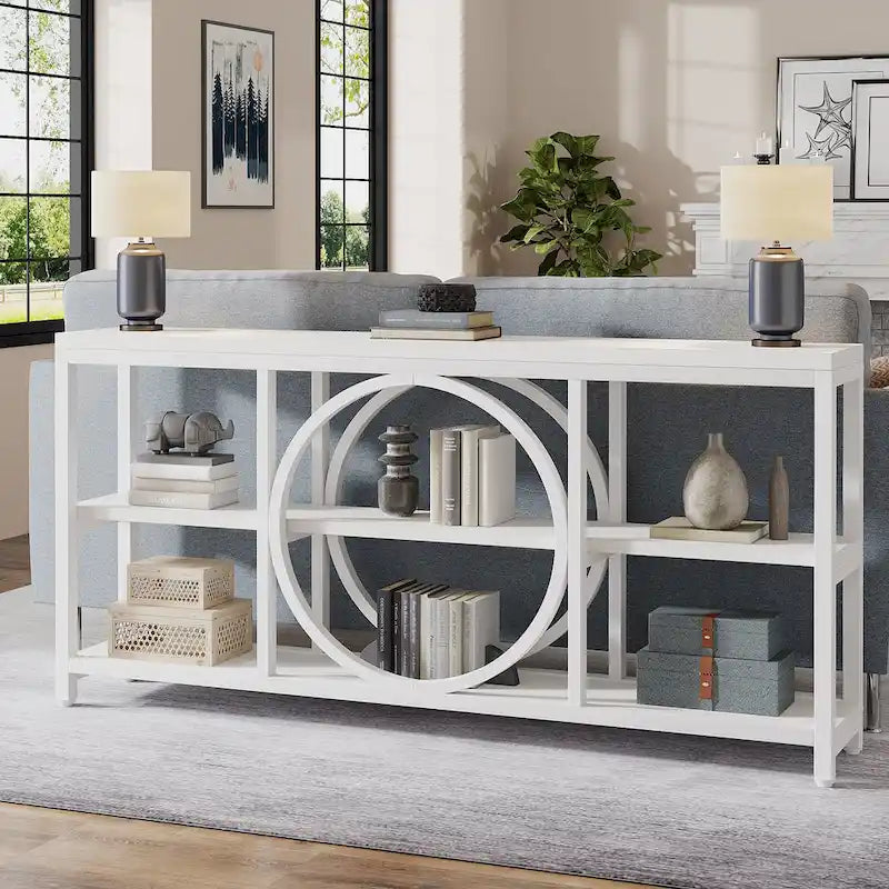 Consolle da Divano da 180 cm con Scaffali a 3 Ripiani – Grigio / Marrone / Noce / Bianco, Stile Industriale
