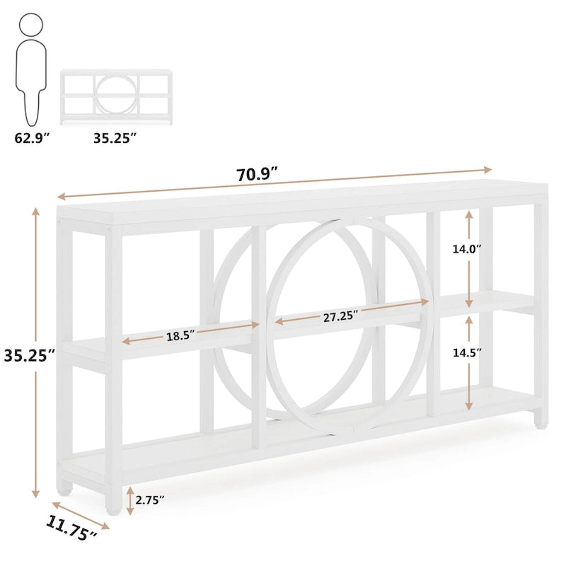 Consolle da Divano da 180 cm con Scaffali a 3 Ripiani – Grigio / Marrone / Noce / Bianco, Stile Industriale