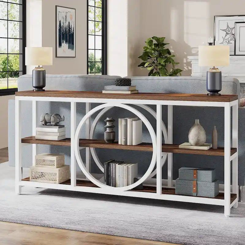 Consolle da Divano da 180 cm con Scaffali a 3 Ripiani – Grigio / Marrone / Noce / Bianco, Stile Industriale